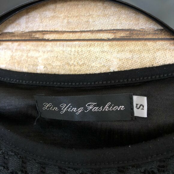 Black Short Sleeve Dotted Lace Overlay Blouse - Size Small - Lin Ying Fashion - Picture 3 of 4